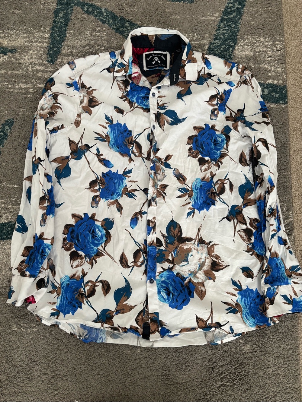 Men's White Floral Button-Up Shirt with Blue Roses